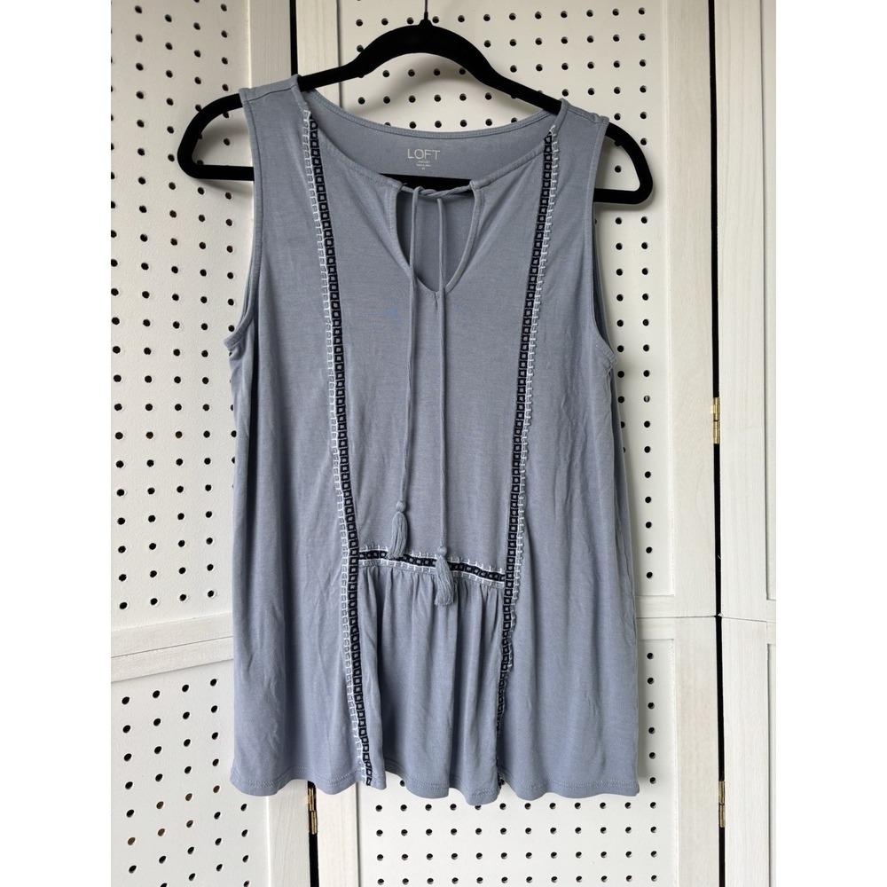 Loft Rayon Tassel Sleeveless Blouse Blue Women's M Boho Chic Flowy Tank Top